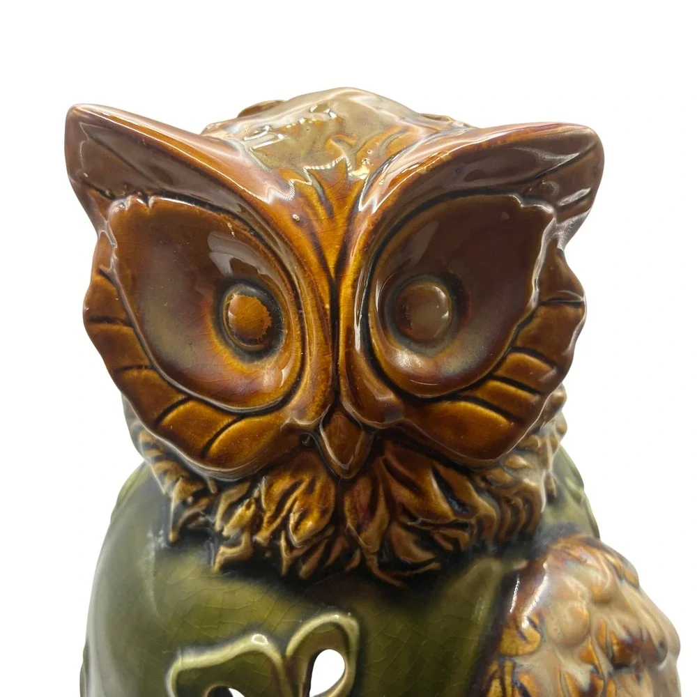 Vintage Owl Ceramic Candle Holder 9.5in Green Brown Butterfly Flower Luminary